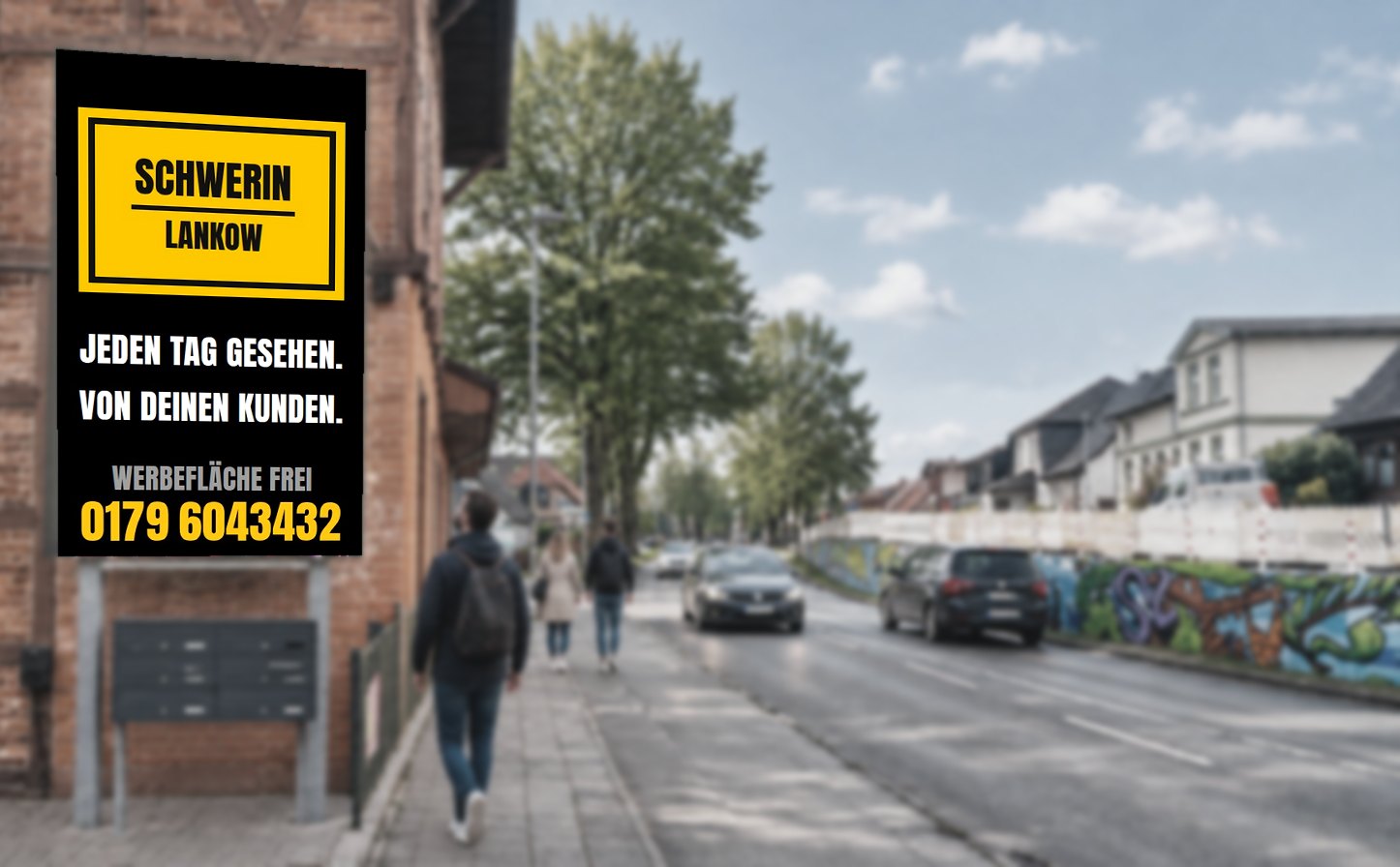 LED-Videoleinwand Schwerin-Lankow mit dem Ortsschild-Motiv Schwerin Lankow - jeden Tag gesehen von deinen Kunden