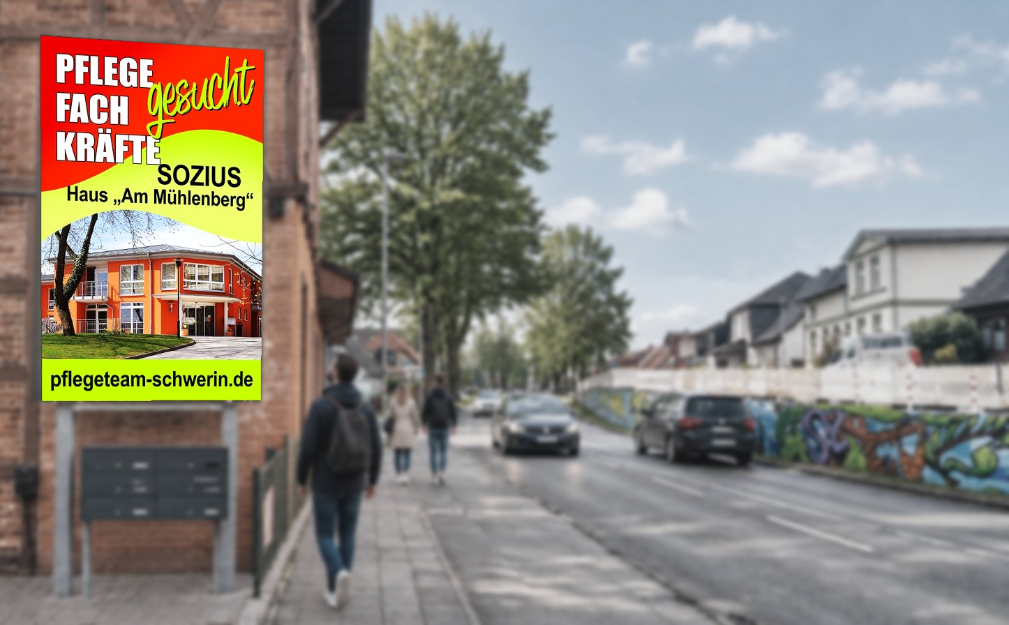 LED-Videoleinwand Schwerin-Lankow mit der Stellenanzeige des Pflegeheims Sozius Haus Am Muehlenberg